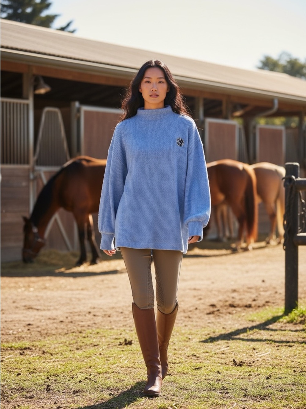 LOFT Blue Ribbed Funnel Neck Sweater with Embroidered Horsehead Logo | Size M